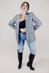 long sleeve metallic silver double breasted blazer vintage 1980's