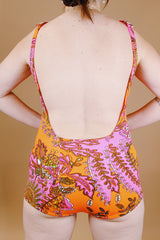 pink and orange paisley printed vintage 1970's one piece swimsuit