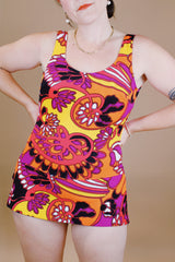 abstract printed 1970's vintage one piece swimsuit in yellow orange yellow and purple