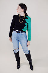 long sleeve acrylic pullover sweater in green and black vintage 1980's