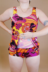 abstract printed 1970's vintage one piece swimsuit in yellow orange yellow and purple