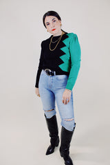 long sleeve acrylic pullover sweater in green and black vintage 1980's