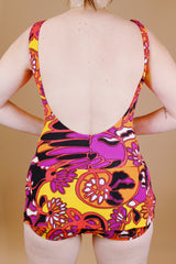 abstract printed 1970's vintage one piece swimsuit in yellow orange yellow and purple