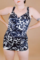 black and white floral printed vintage 1970's one piece swimsuit