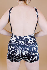 black and white floral printed vintage 1970's one piece swimsuit