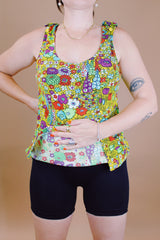 multi colored floral printed swimsuit top vintage 1970's adjustable straps