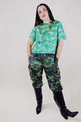 short sleeve green blouse with gold metallic embroidery all over vintage 1960's