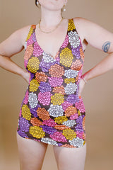 vintage 1970's floral printed one piece swimsuit with wrap bust and skirt front