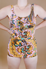 paisley printed vintage 1970's one piece swimsuit with skirt in front