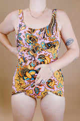 paisley printed vintage 1970's one piece swimsuit with skirt in front