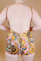 paisley printed vintage 1970's one piece swimsuit with skirt in front