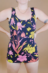 sleeveless one piece swimsuit black with floral print skirt in front vintage 1960's