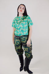 short sleeve green blouse with gold metallic embroidery all over vintage 1960's