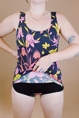 sleeveless one piece swimsuit black with floral print skirt in front vintage 1960's