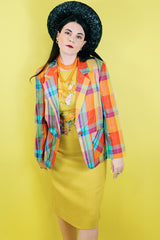 Women's vintage 1970's rrrrruss, Made in USA label long sleeve cotton material lightweight one button closure blazer in multicolored plaid print.