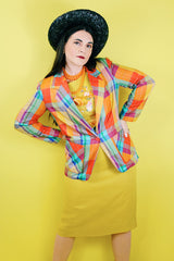 Women's vintage 1970's rrrrruss, Made in USA label long sleeve cotton material lightweight one button closure blazer in multicolored plaid print.