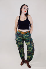 green camo print us military pants with pockets and adjustable waist and ankles vintage
