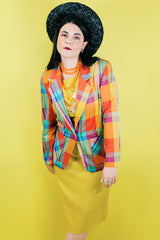 Women's vintage 1970's rrrrruss, Made in USA label long sleeve cotton material lightweight one button closure blazer in multicolored plaid print.