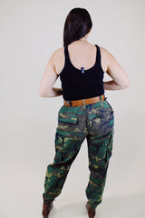 green camo print us military pants with pockets and adjustable waist and ankles vintage