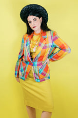 Women's vintage 1970's rrrrruss, Made in USA label long sleeve cotton material lightweight one button closure blazer in multicolored plaid print.