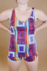 abstract print vintage 1950's one piece swimsuit purple and reds nylon material