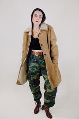 long sleeve tan suede long coat with cream shearling liner vintage 1970's