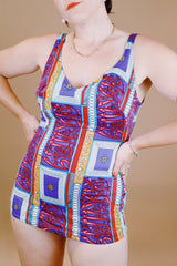 abstract print vintage 1950's one piece swimsuit purple and reds nylon material