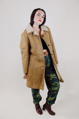 long sleeve tan suede long coat with cream shearling liner vintage 1970's