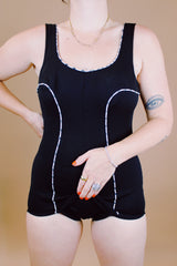 black one piece swimsuit with black and white gingham trim vintage 1960's