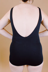 black one piece swimsuit with black and white gingham trim vintage 1960's