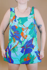 blue and green floral tropical print vintage 1960's one piece swimsuit with skirt