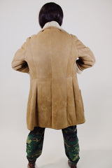 long sleeve tan suede long coat with cream shearling liner vintage 1970's