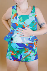 blue and green floral tropical print vintage 1960's one piece swimsuit with skirt