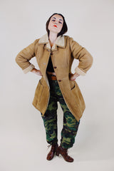 long sleeve tan suede long coat with cream shearling liner vintage 1970's