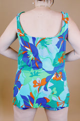 blue and green floral tropical print vintage 1960's one piece swimsuit with skirt