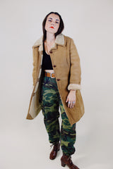 long sleeve tan suede long coat with cream shearling liner vintage 1970's