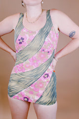 brown and pink floral printed one piece swimsuit vintage 1960's with skirt in front