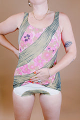 brown and pink floral printed one piece swimsuit vintage 1960's with skirt in front