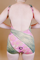 brown and pink floral printed one piece swimsuit vintage 1960's with skirt in front