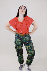 red with white polka dots flutter sleeve button up polyester blouse vintage 1970's