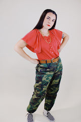 red with white polka dots flutter sleeve button up polyester blouse vintage 1970's