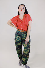 red with white polka dots flutter sleeve button up polyester blouse vintage 1970's