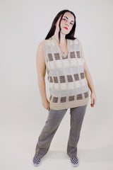 tan striped sleeveless v neck sweater vest acrylic vintage 1970's