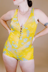 one piece vintage 1950's swimsuit in yellow with grey floral print