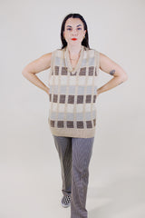 tan striped sleeveless v neck sweater vest acrylic vintage 1970's