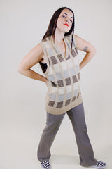 tan striped sleeveless v neck sweater vest acrylic vintage 1970's