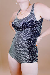 black and white vintage 1960's one piece swimsuit in a lace looking print