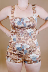 brown floral printed one piece swimsuit romper vintage 1960's