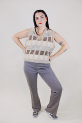 tan striped sleeveless v neck sweater vest acrylic vintage 1970's