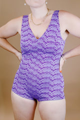 printed purple one piece swimsuit vintage 1950's low back v neck